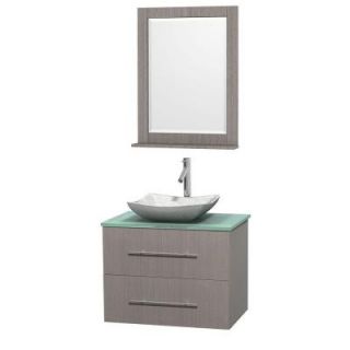 Wyndham Collection Centra 30 in. Vanity in Gray Oak with Glass Vanity Top in Green, Carrara White Marble Sink and 24 in. Mirror WCVW00930SGOGGGS3M24