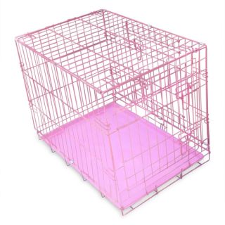 Pink 30 inch Heavy Duty Metal Folding Dog Crate with 2 Doors and ABS