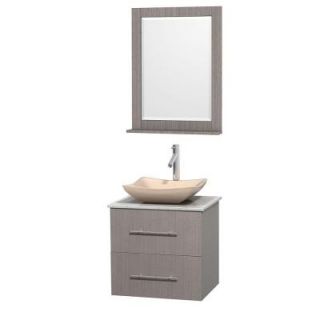 Wyndham Collection Centra 24 in. Vanity in Gray Oak with Marble Vanity Top in Carrara White, Ivory Marble Sink and 24 in. Mirror WCVW00924SGOCMGS2M24