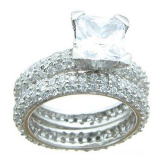 Plutus Partners .925 Sterling Silver Princess Cut Cubic Zirconia Pave Eternity Wedding Set Ring
