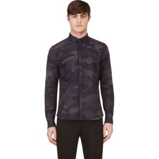 Valentino Blue Textured Twill Camouflage Shirt