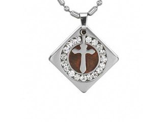 Stainless Steel Cross Redwood Cubic Zirconia Circle Diamond Pendant Necklace 18"
