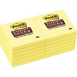 Post it Super Sticky Notes, 3 x 3, Canary Yellow, 12 Pads/Pack (65412SSCY)