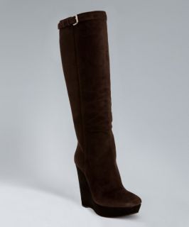 Prada Dark Brown Suede Contrast Wedge Tall Boots (317220801)