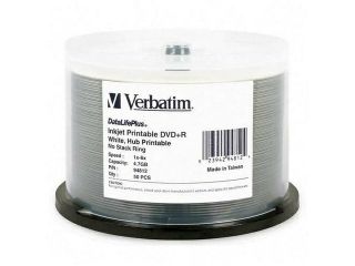 Verbatim DataLifePlus 4.7GB 8X DVD+R White Inkjet Printable, Hub Printable 50 Packs Spindle Disc Model 94812