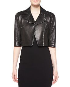 Michael Kors Collection Half Sleeve Crop Leather Jacket, Black