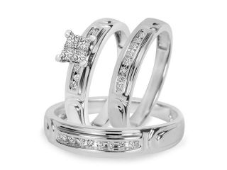 3/8 Carat T.W. Princess, Round Cut Diamond His and Hers Engagement Ring, Ladies