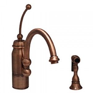 Whitehaus 3 3170 ACO 9 5/8" New Horizon single handle faucet with a curved extended stick handle, curved swivel spout and solid brass side spray   Antique Copper