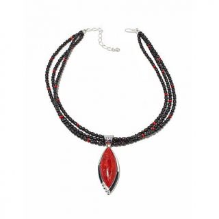 Jay King Red Coral and Black Tourmaline Sterling Silver Pendant with 18" Beaded   7714471