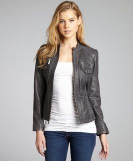 Wyatt Dark Grey Leather Snap Tab Collar Jacket (320997401)