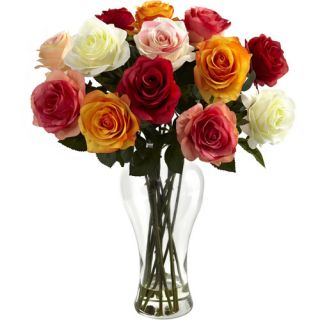 Nearly Natural Assorted Blooming Roses with Vase