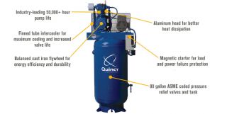 Quincy QT-5 Splash Lubricated Reciprocating Air Compressor — 5 HP, 230 Volt, 1 Phase, 80-Gallon Vertical, Model# 251CS80VCB  80   100 Gallon, 5 HP Vertical Air Compressors