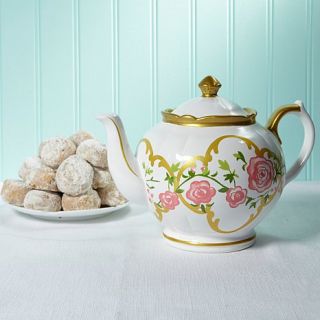 David's Cookies White Floral Teapot Jar with Pecan Meltaways   7982295