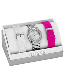 GUESS Womens Interchangeable Pink and White Silicone Strap and Silver