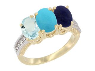 10K Yellow Gold Natural Aquamarine, Turquoise & Lapis Ring 3 Stone Oval 7x5 mm Diamond Accent, sizes 5   10