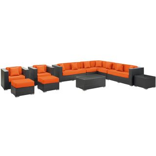 Cohesion Outdoor Rattan 11 piece Set in Espresso with Orange Cushions