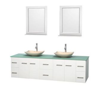 Wyndham Collection Centra 80 in. Double Vanity in White with Glass Vanity Top in Green, Ivory Marble Sinks and 24 in. Mirrors WCVW00980DWHGGGS5M24