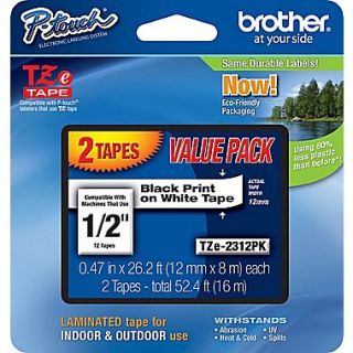 Brother TZe 2312PK 1/2 P Touch Label Tape, Black on White, 2/Pack