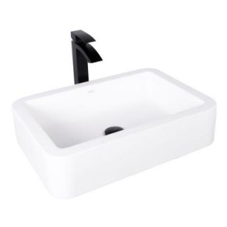 Vigo Navagio Matte Stone Vessel Sink in White with Duris Bathroom Vessel Faucet in Matte Black VGT1005