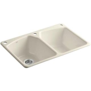 KOHLER Tanager Top Mount Cast Iron 33 in. 3 Hole Double Bowl Kitchen Sink in Almond K 6491 3 47