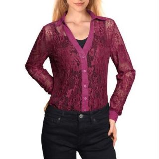 Allegra K Women's Button Placket See Through Floral Lace Shirt Purple (Size XL / 16)
