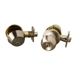 Design House Bay Satin Nickel Entry Knob and Single Cylinder Deadbolt with Universal 6 Way Latch 727149