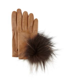 Inverni Leather Gloves with Fox Fur, Brown