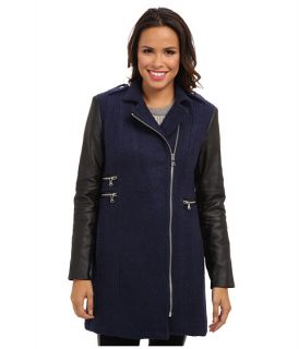 Calvin Klein Asymmetrical Zip Boucle Coat w/ Faux Leather Sleeves CW351052 Indigo