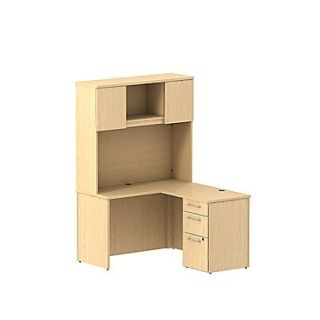 Bush Business 300 Series 48W x 22D Shell Desk in L Configuration with 3 Dwr Pedestal and Hutch, Natural Maple, Installed