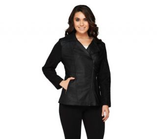 Susan Graver Faux Leather Fitted Jacket w/Lace Sleeves —