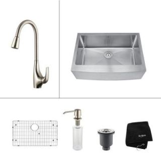KRAUS All in One Farmhouse Apron Front Stainless Steel 30 in. Single Bowl Kitchen Sink and Faucet Set KHF200 30 KPF1621 KSD30SS