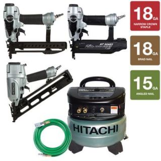 Hitachi 4 Piece Angled Finish Nailer, 2 in. Finish Nailer, 1/4 in. Crown Stapler and 6 gal. Compressor KCP 65 50 38 H