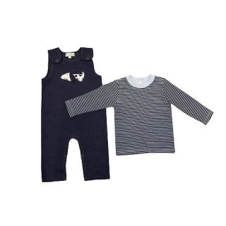 Quiltex Boys 2 Piece Navy Dog Applique Quilted Overall and Navy/White Stripe Long Sleeve Top Set    Stargate Apparel