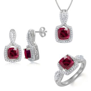 Rhodium plated Brass Diamond Accent and Created Ruby 3 piece Jewelry
