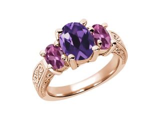 2.66 Ct Oval Purple Amethyst Pink Tourmaline 14K Rose Gold 3 Stone Ring