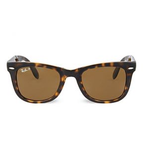 RAY BAN   Light Havana folding tortoiseshell wayfarer sunglasses with brown polarised lenses RB4105 50
