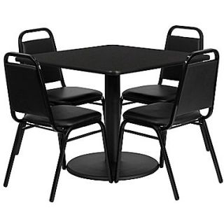 Flash Furniture 36 Square Black Laminate Table Set with Round Base and 4 Black Trapezoidal Back Banquet Chairs