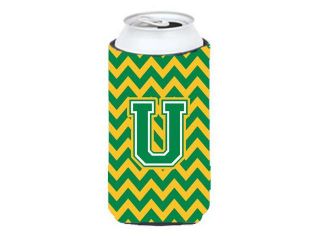 Letter U Chevron Green and Gold Tall Boy Beverage Insulator Hugger CJ1059 UTBC