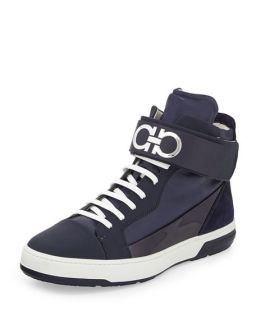Salvatore Ferragamo Night Napa/Patent High Top Sneaker with Ankle Strap, Navy