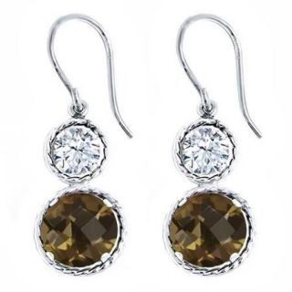 5.10 Ct Round Checkerboard Brown Smoky Quartz 925 Silver Earrings