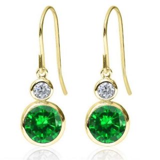3.20 Ct Round Green Simulated Emerald H/I Diamond 14K Yellow Gold Earrings