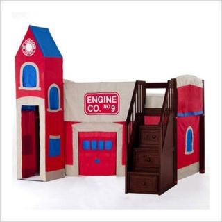 NE Kids School House Firehouse Loft Bed with Stairs in Cherry