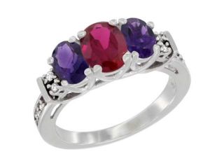 10K White Gold Natural High Quality Ruby & Amethyst Ring 3 Stone Oval Diamond Accent