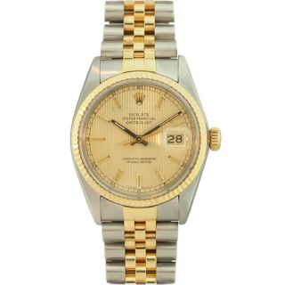 Pre owned Rolex Mens Datejust Two Tone Champagne Tapestry Dial Watch
