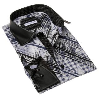 Brio Mens Black and Blue Print Dress Shirt with Faux Leather