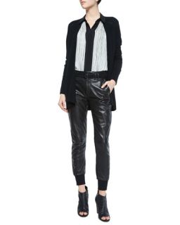Vince Colorblock Mixed Knit Cardigan, Ribbed Knit V Neck Sweater & Leather Belted Jogger Pants