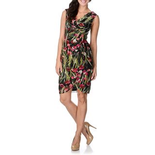 London Times Womens Pink and Green Floral Print Sleeveless Dress