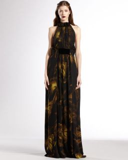 Gucci Printed Silk Georgette Ruffle Halter Gown
