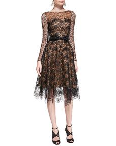 Oscar de la Renta Long Sleeve Lace Overlay Dress