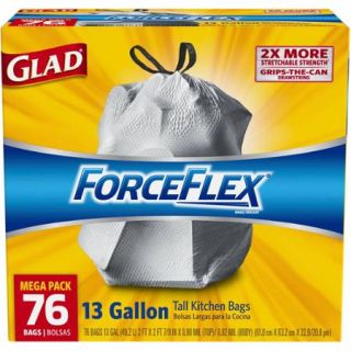 Glad ForceFlex Unscented Drawstring Tall Kitchen Trash Bags, 13 gallon, 76 count